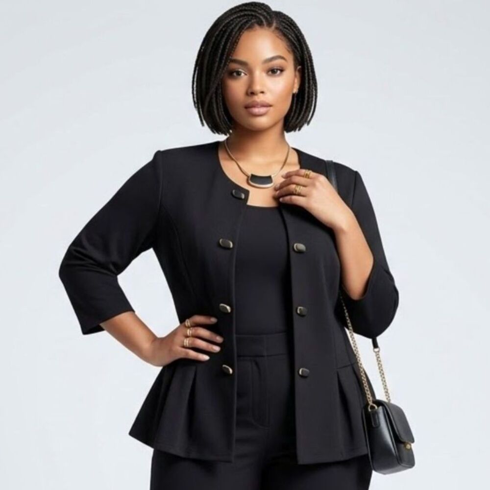 Perception NY Black Gold-Accent Toggle Button Peplum Jacket Blazer SZ 16